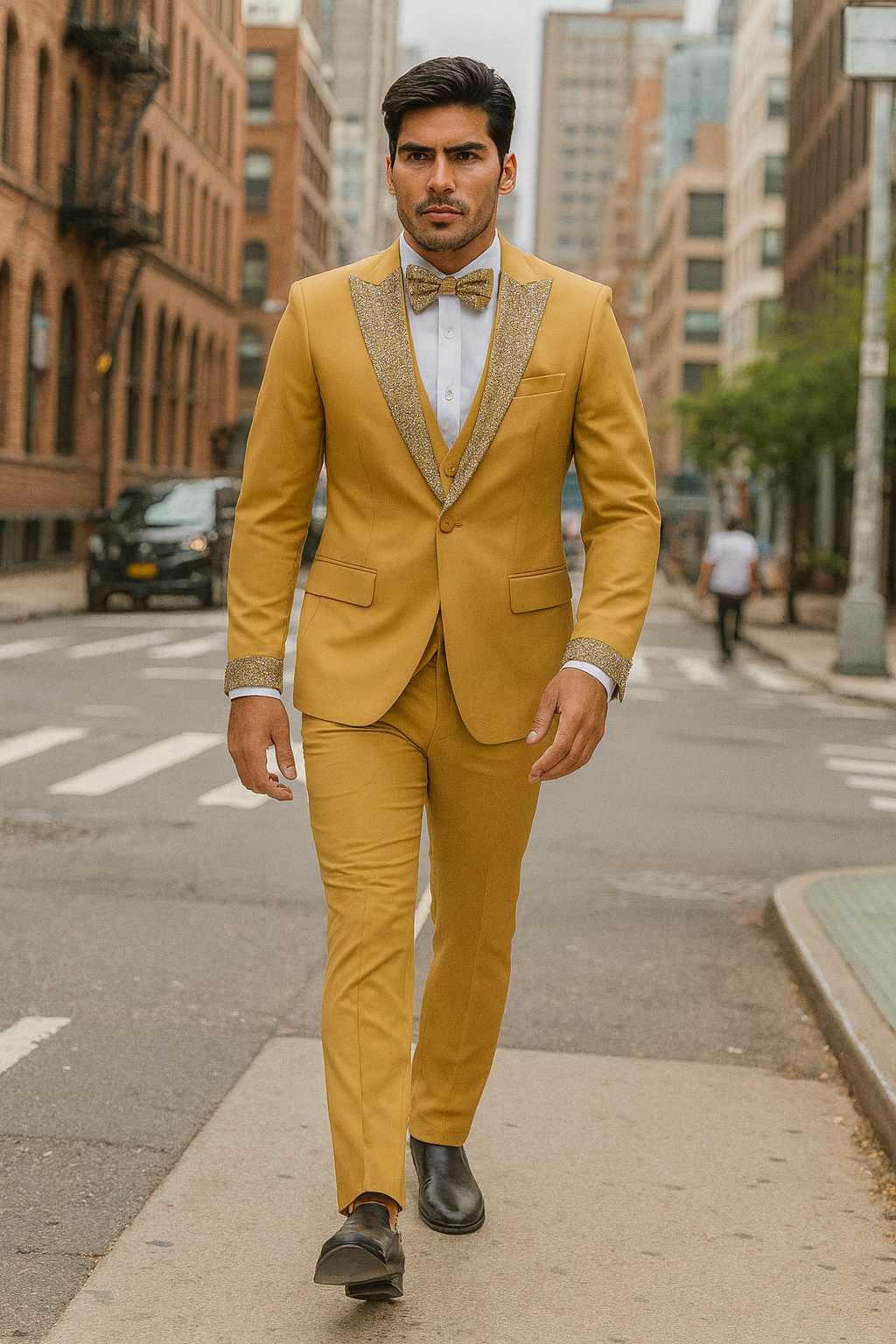 Mens Champagne Gold Prom Tuxedo – 4-Piece Wedding Suit with Vest