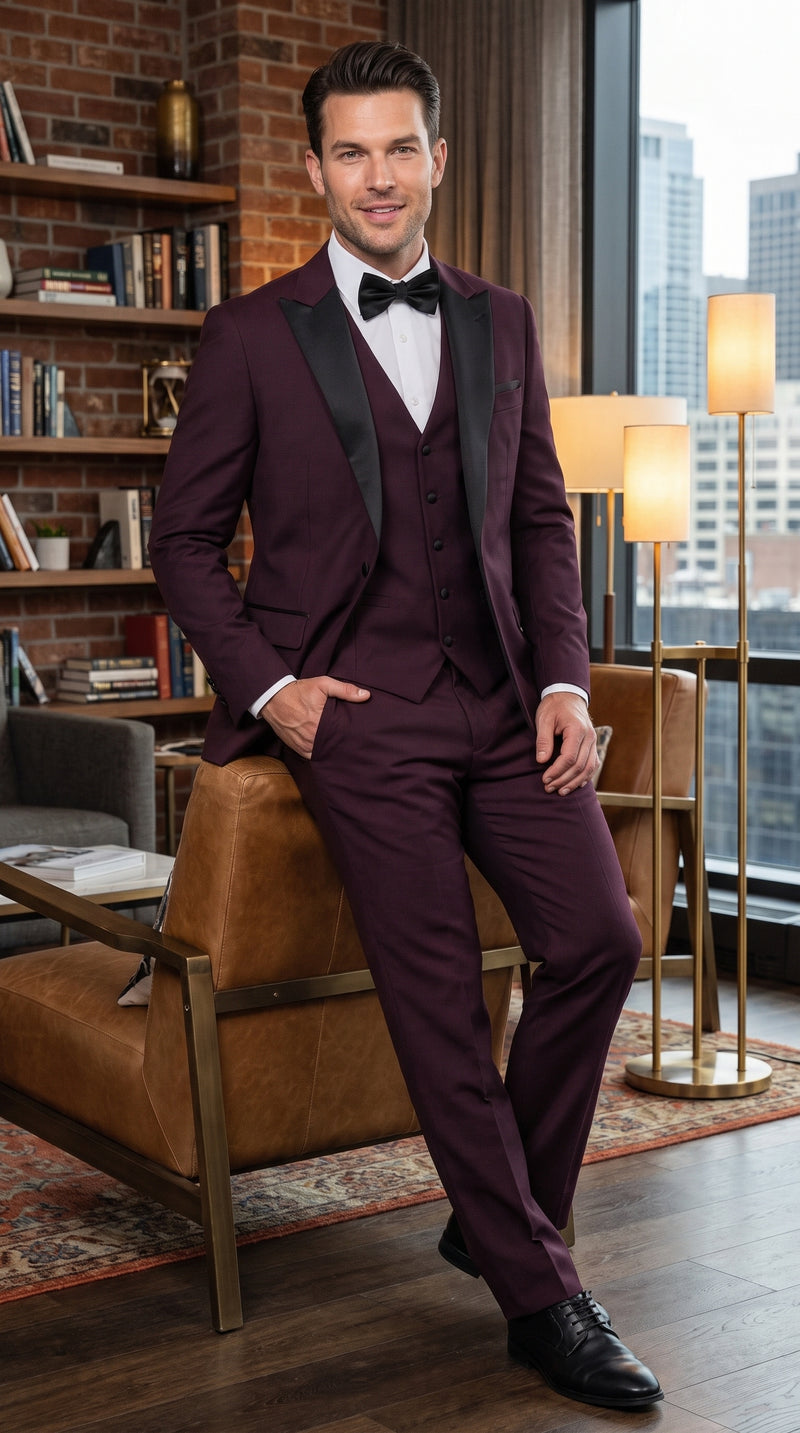 Alberto Men’s Burgundy 1 Button Peak Lapel Tuxedo, Formal Wedding Prom Dinner Suit