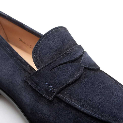 Men’s Mezlan Caro Navy Suede Penny Loafer – Luxury Handmade Leather Shoe from Spain