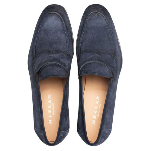 Men’s Mezlan Caro Navy Suede Penny Loafer – Luxury Handmade Leather Shoe from Spain