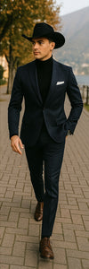 Western-style navy turtleneck suit outfit for men
