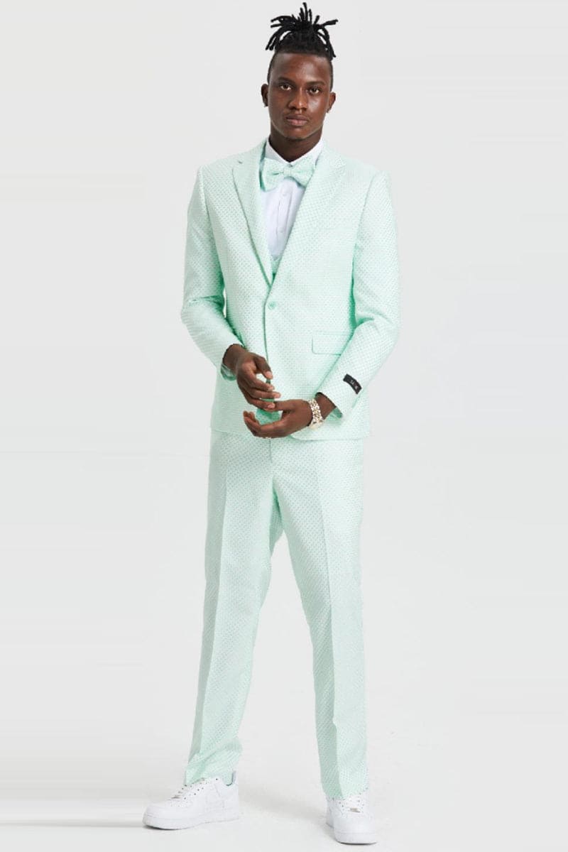 "Men's Mint Green Polka Dot Prom 2026 & Wedding Suit - One Button Double Breasted Vest"