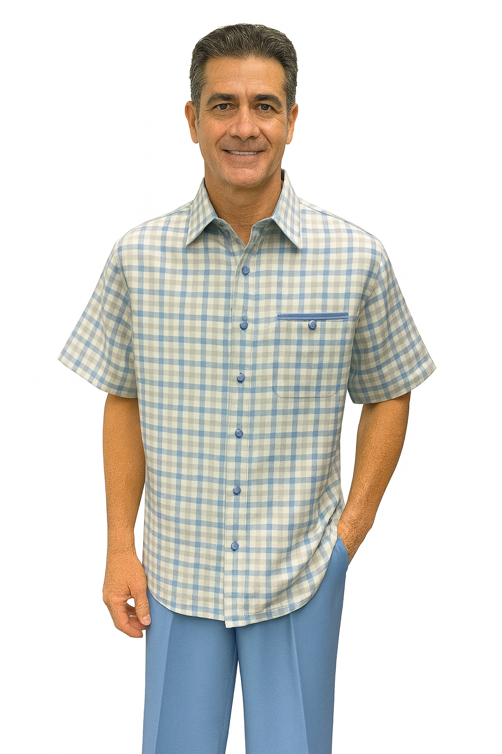 Mens Plaid Walking Suit in Powder Blue by Dreams by Zacchi – 2 Piece Leisure Outfit with Matching shirt and pant - $99