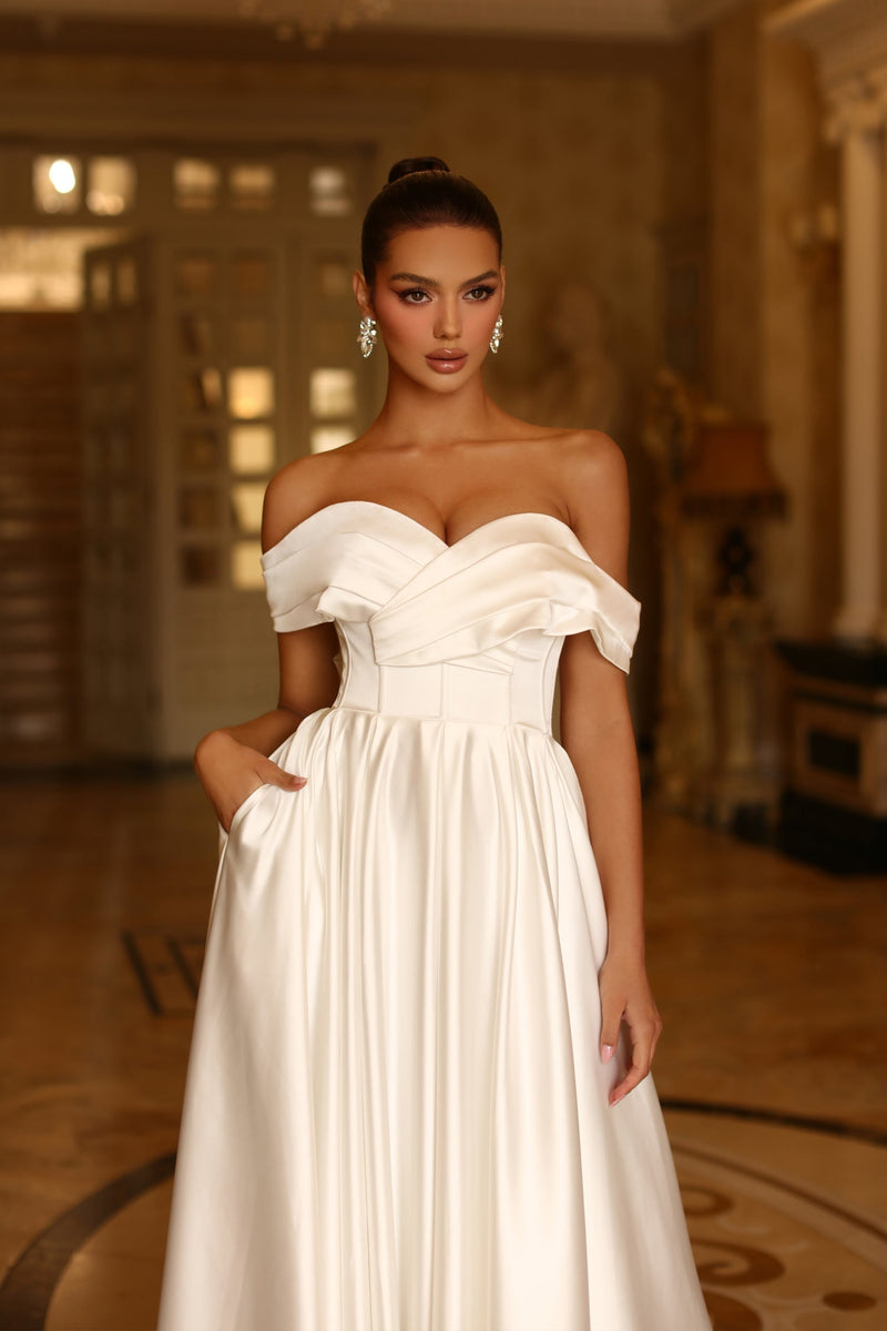 Tina Holly TE207W Wedding A-Line Off-Shoulder Pleated Pockets Satin Dress