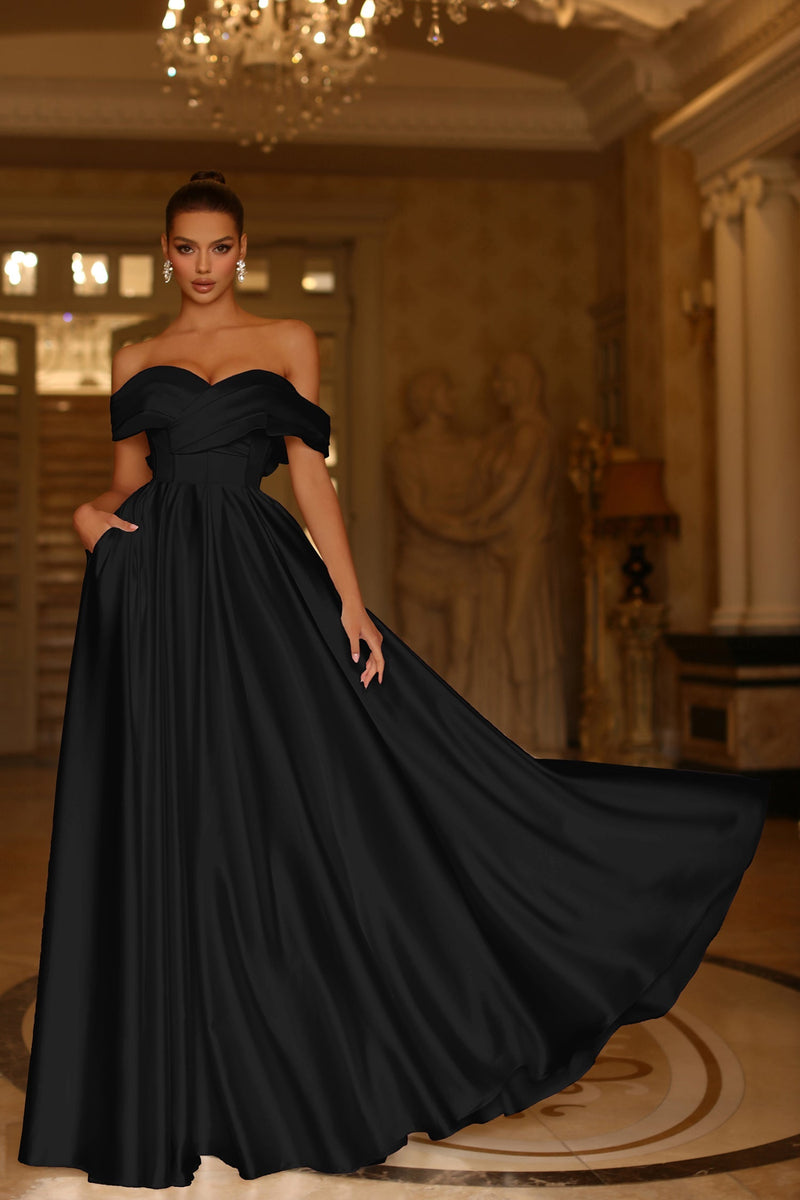 Tina Holly TE207 Wedding Prom Off-Shoulder Pleated Pockets Satin Dress