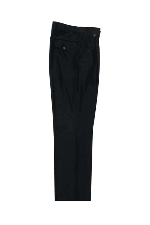 Tiglio Luxe black wide-leg wool dress pants. Relaxed straight-leg fit, smooth pure wool. Two back pockets with button closure. Belt loops on waistband.