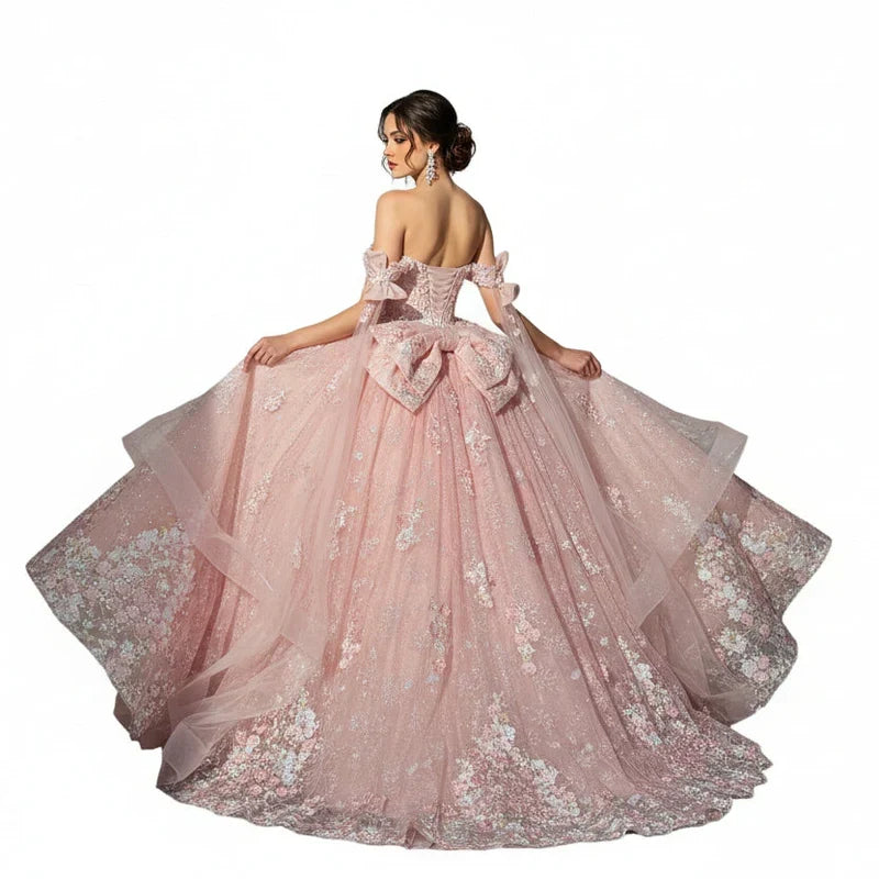 Off-Shoulder QuinceaƱera Gown with Floral Sweetheart Neckline & Corset Back Bow by Trevi TL3073C