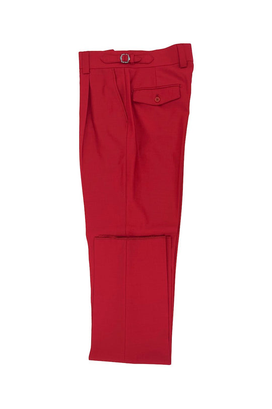Tiglio Luxe red wool Marbella dress pants: semi-wide leg, bright red. Features side button pocket and belt loop with round buckle. Structured wool fabric.