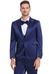 "Indigo Navy Men's Sharkskin Satin Prom 2025 & Wedding Suit - One Button Vested"