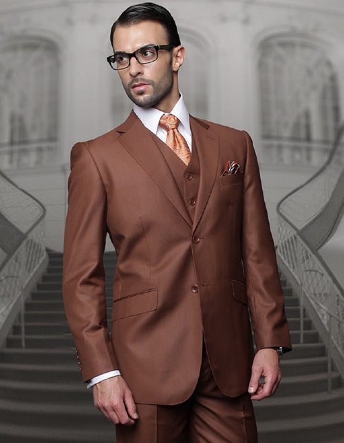 Classic fit men's pleated pants and a copper two-button wool suit are shown. The suit includes a fitted blazer with a notch lapel, side pockets, and a matching vest.
