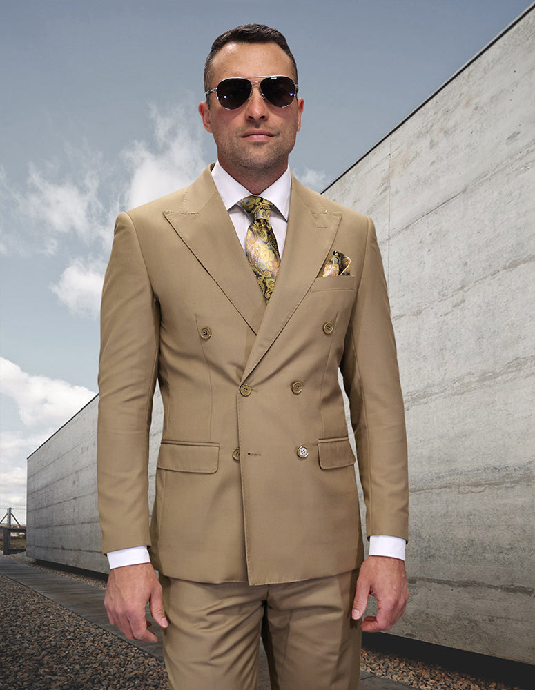 TZD-100 Caramel Classic Double Breasted Solid Color Men's Suit by Statement. Super 150's Extra Fine Italian Wool Hand Made - Caramel