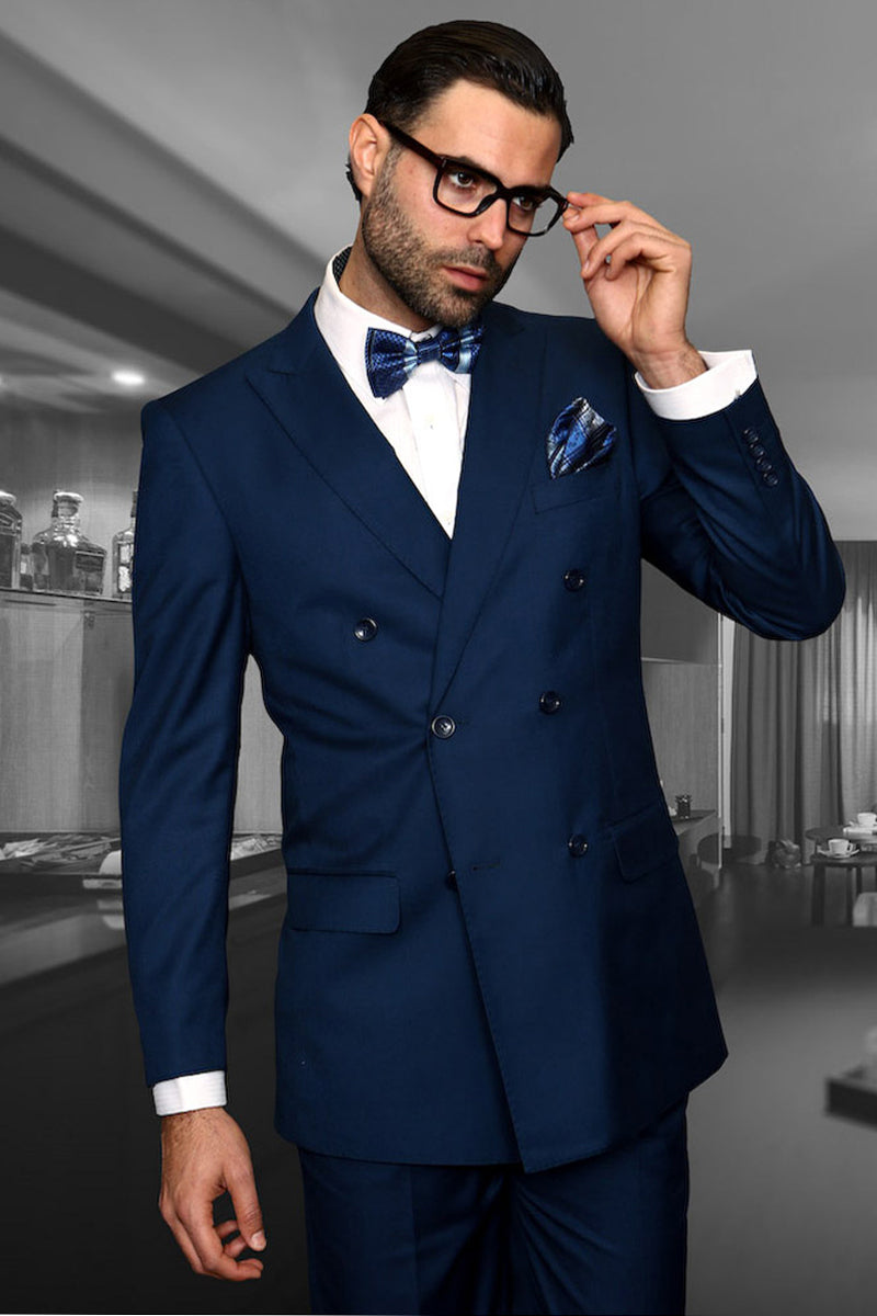 Men's Designer Double Breasted Wool Suit in Sapphire Blue