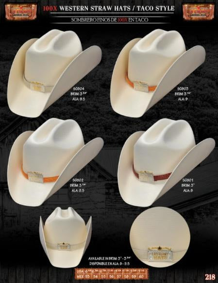 Wild West 100x straw hat: Light beige, cattleman crease crown, wide curved brim. Decorative band. Smooth finish, slight sheen. Brim width: 3-3.8 inches.