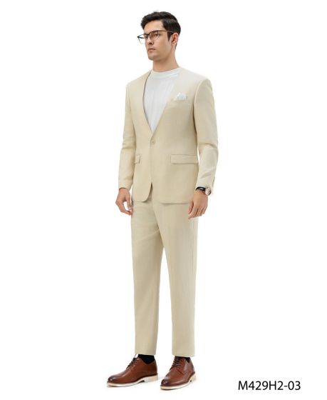 Tan linen suit: collarless blazer (single-button, 2 pockets) & straight-cut pants. Lightweight and classic.