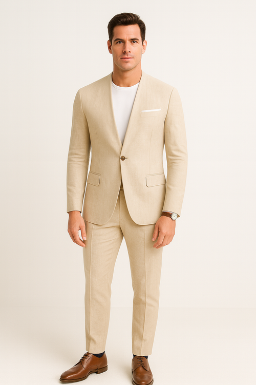 Tan collarless blazer (single button, 2 pockets) paired with slim-fit matching trousers. A sleek and coordinated outfit.