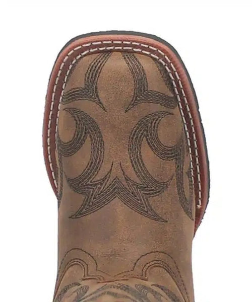 Laredo Sariah boot with rounded toe, brown leather upper, and intricate stitching. Darker brown vamp pattern with light brown edge stitching. Red welt accent.