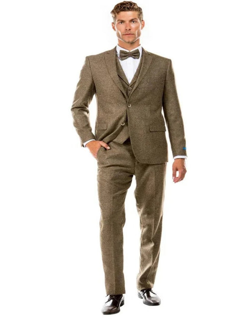 Mens Two Button Vested Vintage Style Tweed Tan Wedding Suit