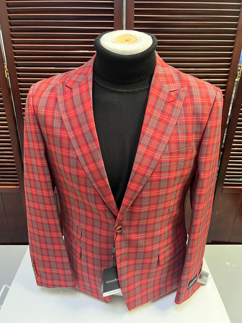 Alberto Nardoni red plaid blazer. Modern, fitted design with notch lapels and single-button closure. Features a vibrant red and gray plaid pattern in a blended fabric.