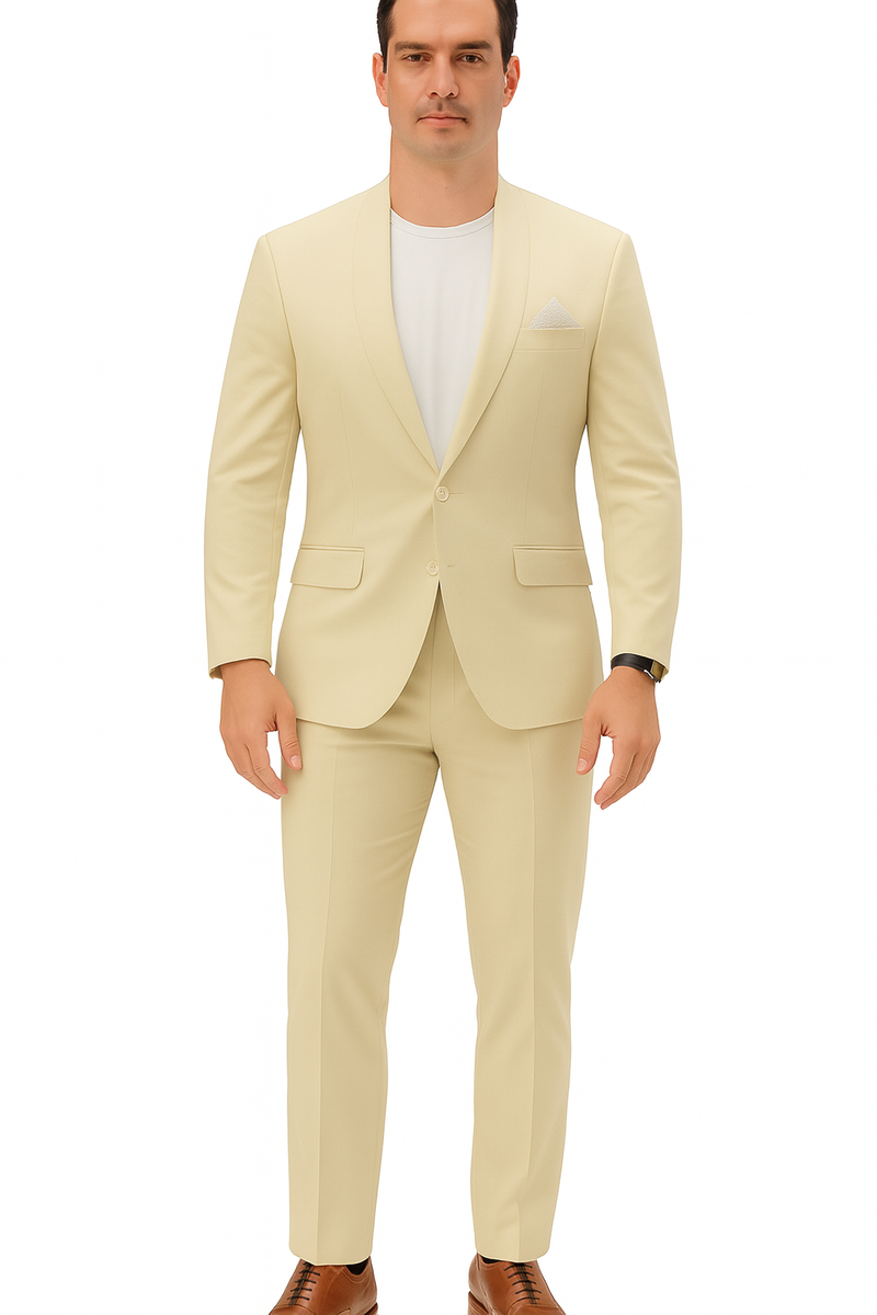 Men's light beige linen suit: relaxed fit, two-button jacket with side pockets, and straight-leg trousers. Collarless design, smooth texture, subtle creases. Perfect for a casual yet refined look.