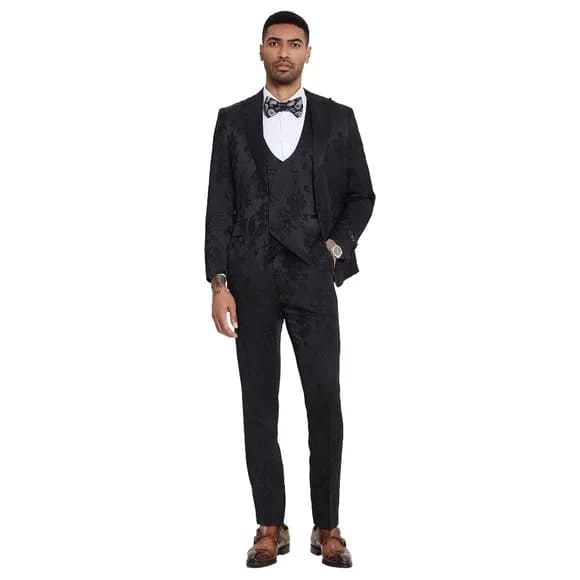 2026 Floral Mens 3PC Suit w/ Double Breasted Prom Vest by Tazzio, Black
