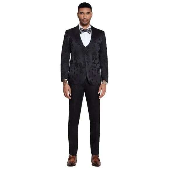 2026 Floral Mens 3PC Suit w/ Double Breasted Prom Vest by Tazzio, Black