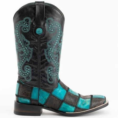 Ferinni Boot - Mens Dress Cowboy Boot - Ferrini Men's Patchwork Square Toe Boots Handcrafted in Black/Teal Color
