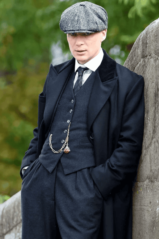 Mens Peaky Blinders Costume peaky blinder outfit - Include peaky blinder actor cap Thomas Shelby Black Herringbone Overcoat Wool Outfit