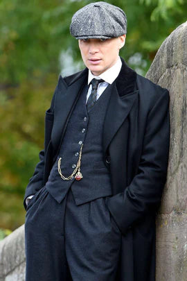 Mens Peaky Blinders Costume peaky blinder outfit - Include peaky blinder actor cap Thomas Shelby Black Herringbone Wool Overcoat Outfit