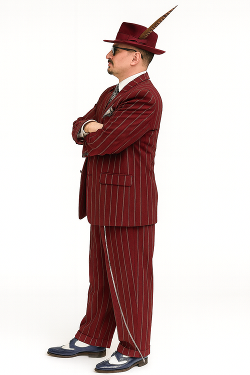 Burgundy Pinstripe Zoot Suit – 3 Piece 1920s/1930s Gangster Outfit (Jacket and Pants and Vest) Vintage Fashion