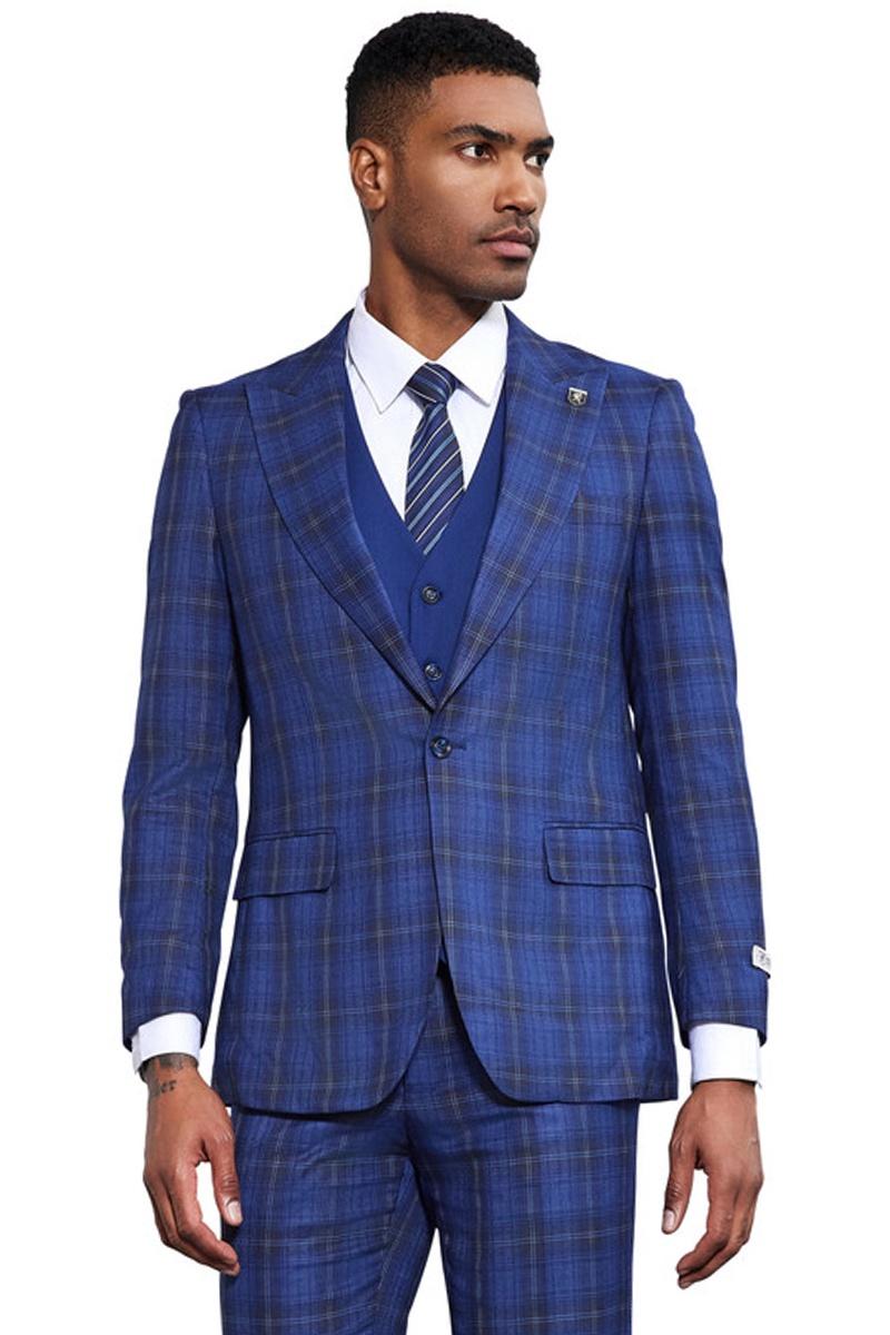 The men's Stacy Adams bold windowpane plaid print vested suit features a midnight blue color with a checked pattern. The suit includes a tailored jacket with a notched lapel, a matching vest, and flat-front pants.