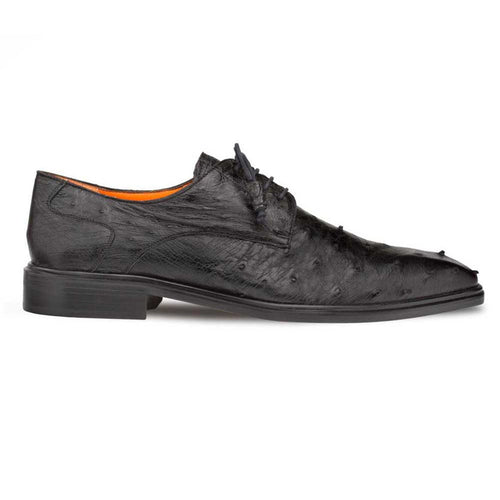Black ostrich leather blucher shoes with a slender, pointed-toe design. Textured upper, smooth rubber sole, and laces. Features orange lining at the collar.