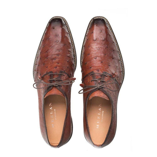 Mezlan Tillson brandy ostrich bluchers: rich brown, plain toe, pointed design. Genuine ostrich leather with unique texture. Traditional lace-up closure & contrasting edge stitching.