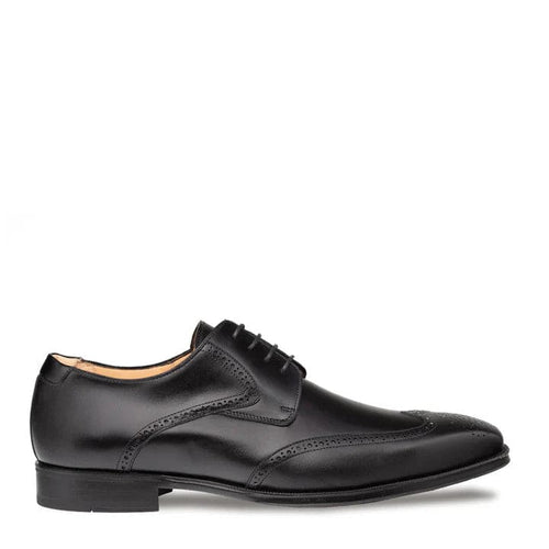 Men's black wingtip derby shoes. Smooth leather upper with brogue detailing and rounded toe. Traditional lacing, stacked heel. Lined interior, flat, durable sole with a sleek profile.