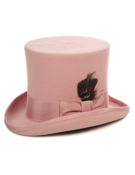 Pink top hat with cylindrical crown and curved brim. Soft fabric, satin ribbon band, and accent feather detail. Elegant and whimsical design.
