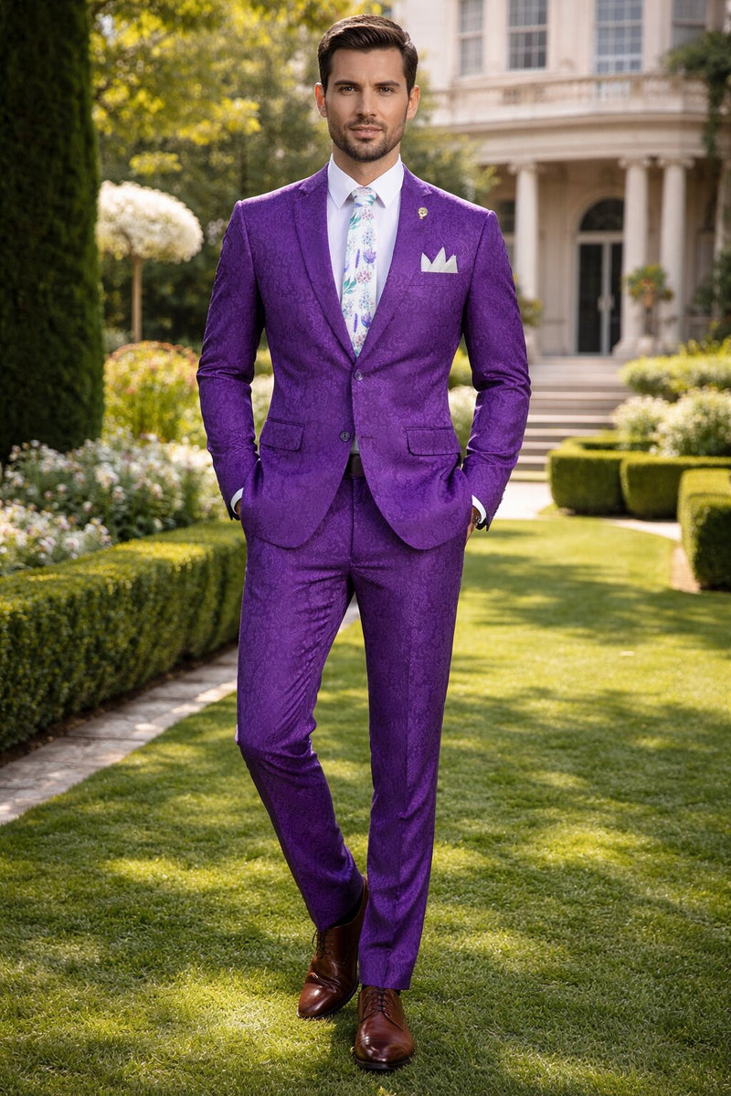 Mens Paisley Pattern Prom Suit – Grape Purple Slim Fit Formal Style