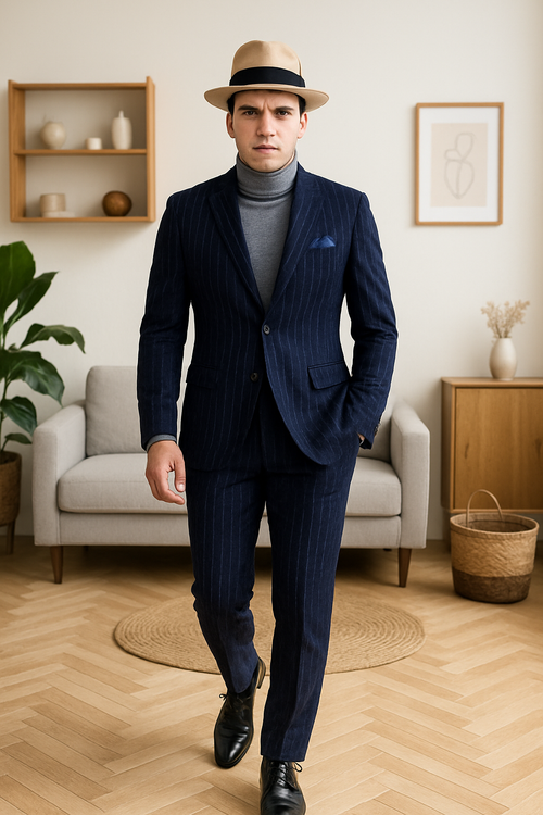 Suit And Turtleneck Combo - Turtleneck Prom Outfits - Prom Turtleneck Navy Suit