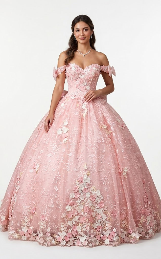 Off-Shoulder QuinceaƱera Gown with Floral Sweetheart Neckline & Corset Back Bow by Trevi TL3073C