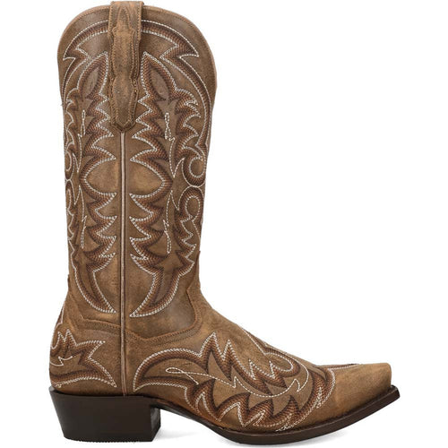 Dan Post men's tan Triton cowboy boot with snip toe. Tall shaft, intricate stitching. Smooth tan leather, block heel, dark color contrast. Classic Western style.