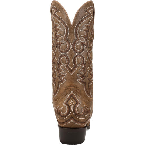 Dan Post Triton cowboy boot. Tan leather with detailed stitching and a snip toe. High, slanted shaft with V-cut top and stacked heel. Classic Western style.