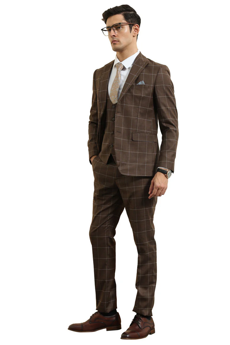 Men's slim fit brown windowpane plaid suit. Two-button peak lapel jacket with side pockets. Includes matching trousers and a vest. Fitted design for a cohesive, stylish look.