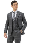 Mens Slim Fit Two Button Peak Lapel Vested Suit in Grey Windowpane Plaid