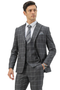 Men's slim fit grey windowpane suit: two-button peak lapel, vested, structured silhouette. Matching vest and tailored trousers. Contrasting white grid pattern on grey base for a cohesive plaid design.