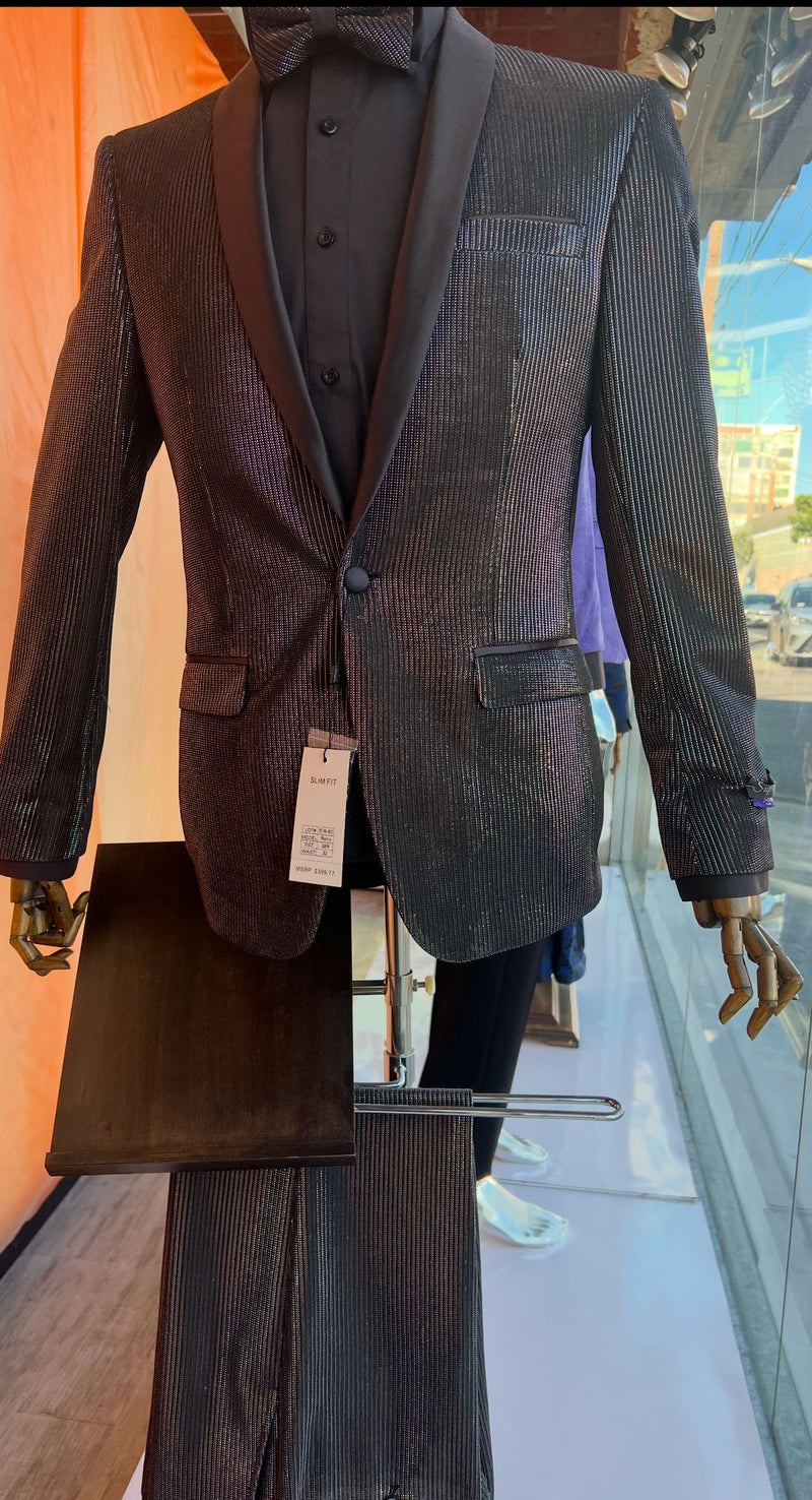 Men's slim fit black glitter tuxedo with satin shawl lapel. Features subtle glitter, single-button closure, and chest flap pocket. Perfect for formal events.