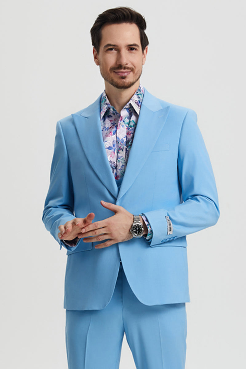 Men's Vested One Button Peak Lapel Stacy Adams Designer Suit in Sky Blue