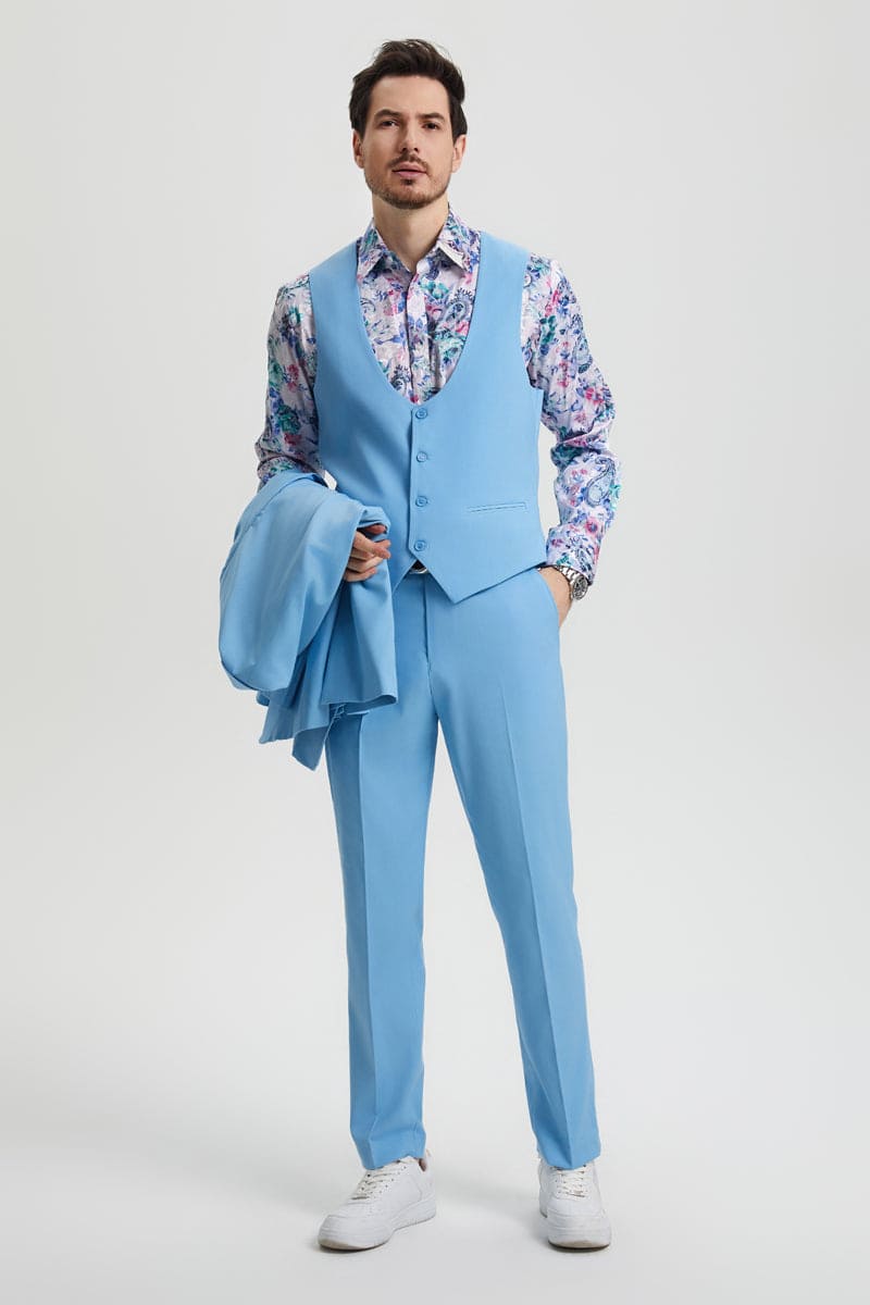 Mens Stacy Adams Suit - Stacy Adams Suit Men's Designer Suit - Sky Blue Vested One Button Peak Lapel