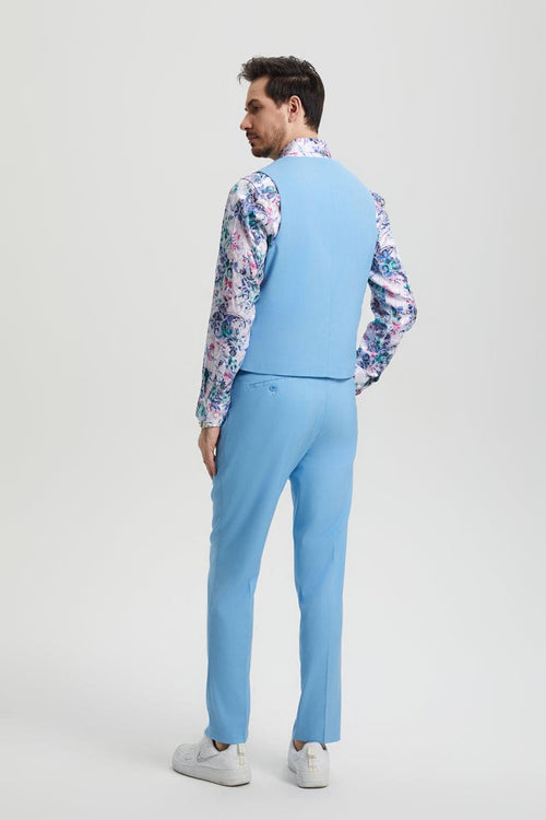 Mens Stacy Adams Suit - Stacy Adams Suit Men's Designer Suit - Sky Blue Vested One Button Peak Lapel