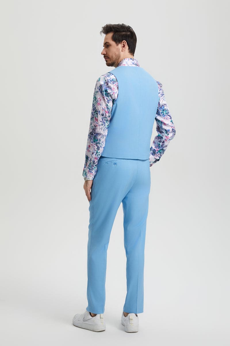 Mens Stacy Adams Suit - Stacy Adams Suit Men's Designer Suit - Sky Blue Vested One Button Peak Lapel