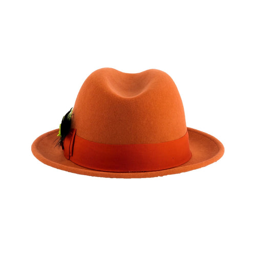 Mens Narrow Brim Crushable Wool Dress Hat Trilby Fedora in Orange Rust
