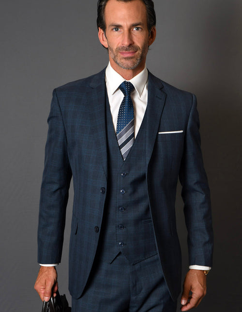 Men's modern fit navy plaid wool suit with a 2-button jacket, vest, and matching trousers. Fitted design.