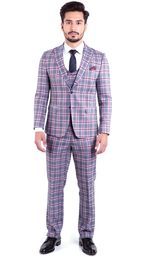 Stylish Grey and Red Checkered Suit for Men – Slim Fit 3 Piece Formal Outfit